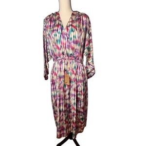 Vtg Hal Ferman Colorful Midi Dress V-Neck Overlapped Long Sleeve Sz 12 New/Tag